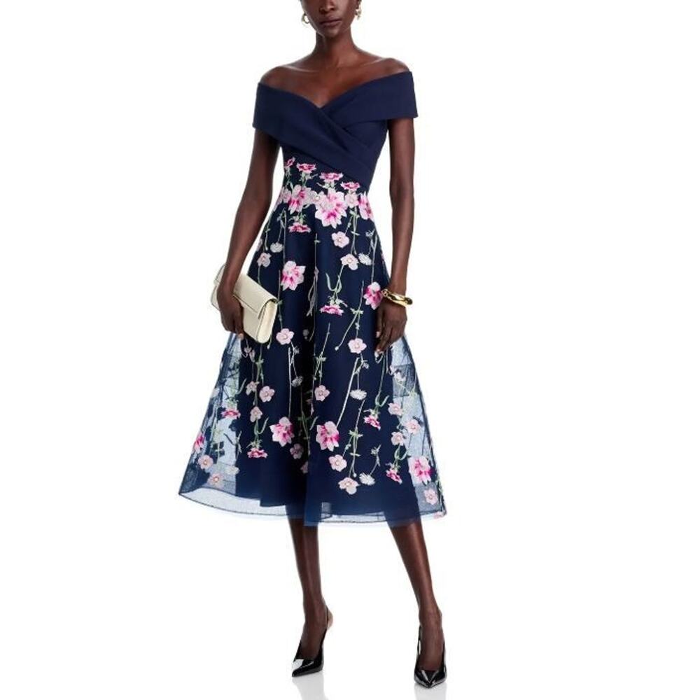 Teri Jon byRickie Freeman Crepe Off-the-Shoulder Embroidered Tulle Dress 10 $660 - Picture 2 of 11
